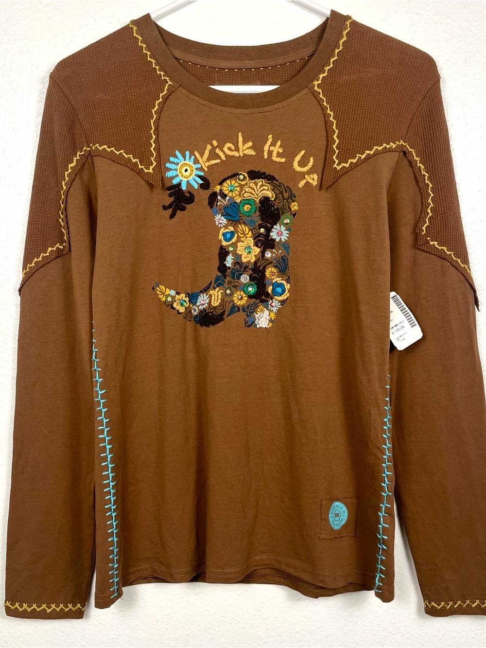 NWT Double D Ranch Kick It Up Brown Embroidered Boot Long Sleeve Tee Top Small